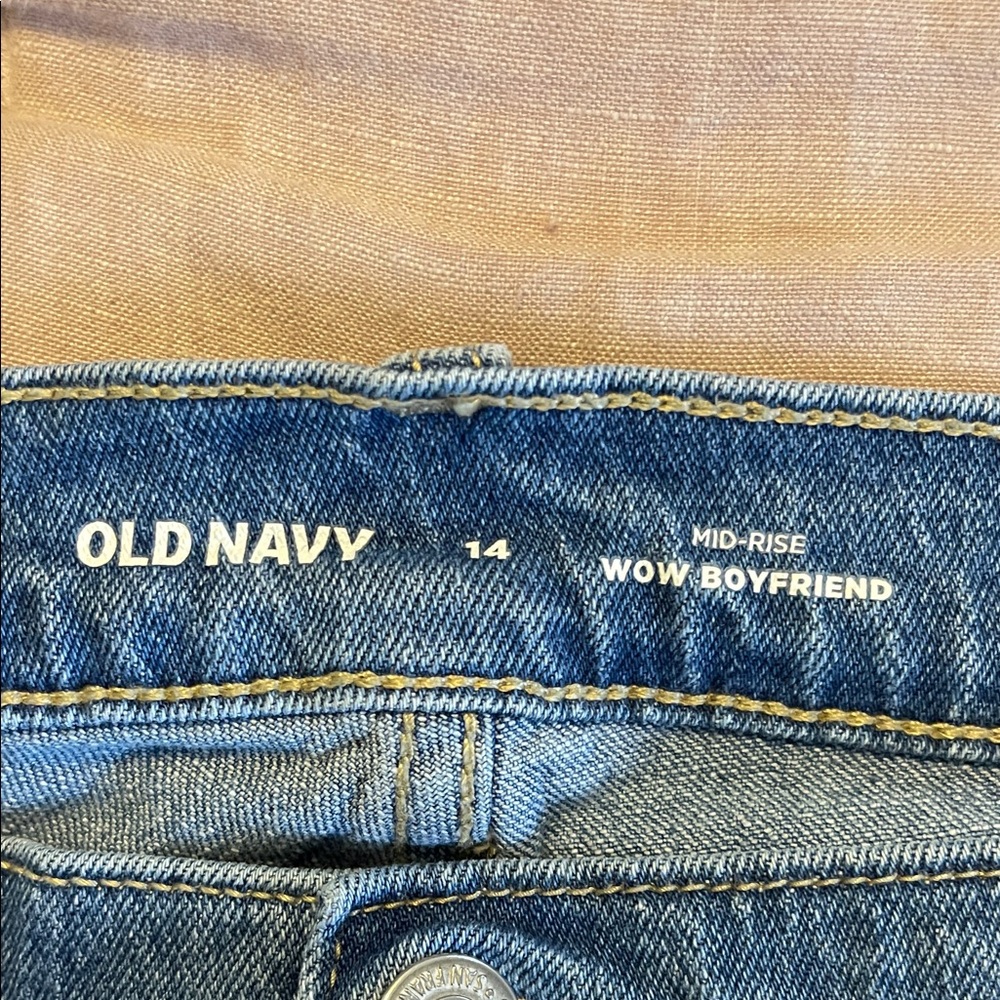 Old Navy Blue Denim Boyfriend Mid-Rise Jeans with raw hem